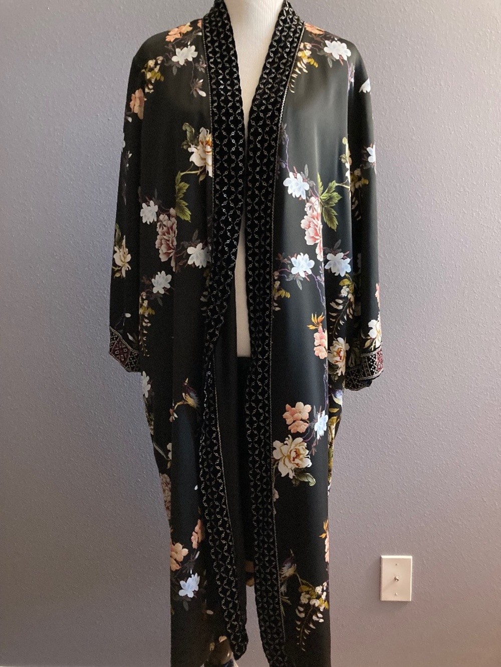 $410 Jonny Was Velvet Mix Kimono long cardigan black floral print size xl